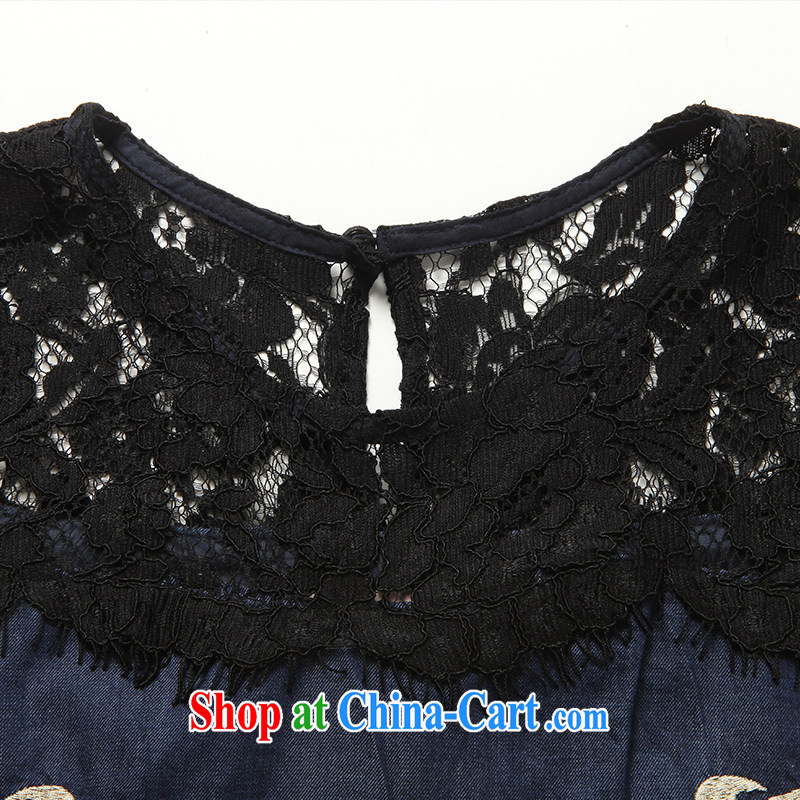 Connie's dream European and American high-end lace stitching denim dress and indeed XL female 200 Jack 2015 summer new thick mm embroidered dresses G 632 blue XXXXXL, Anne's dream, and shopping on the Internet
