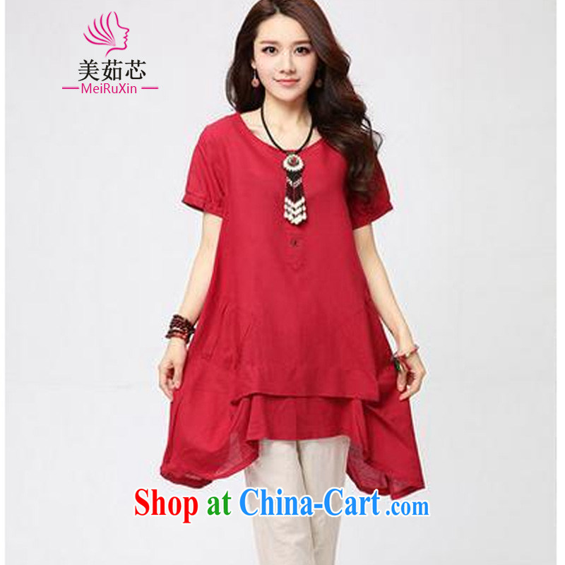 The US Ju-Core spring 2015 new, larger female Solid Color round-collar short-sleeve button stitching art van 3018 red XXL