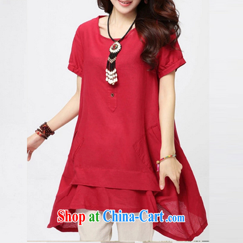 The US Ju-Core spring 2015 new, larger female Solid Color round-collar short-sleeve button stitching art van 3018 large red XXL, US-ju, and shopping on the Internet