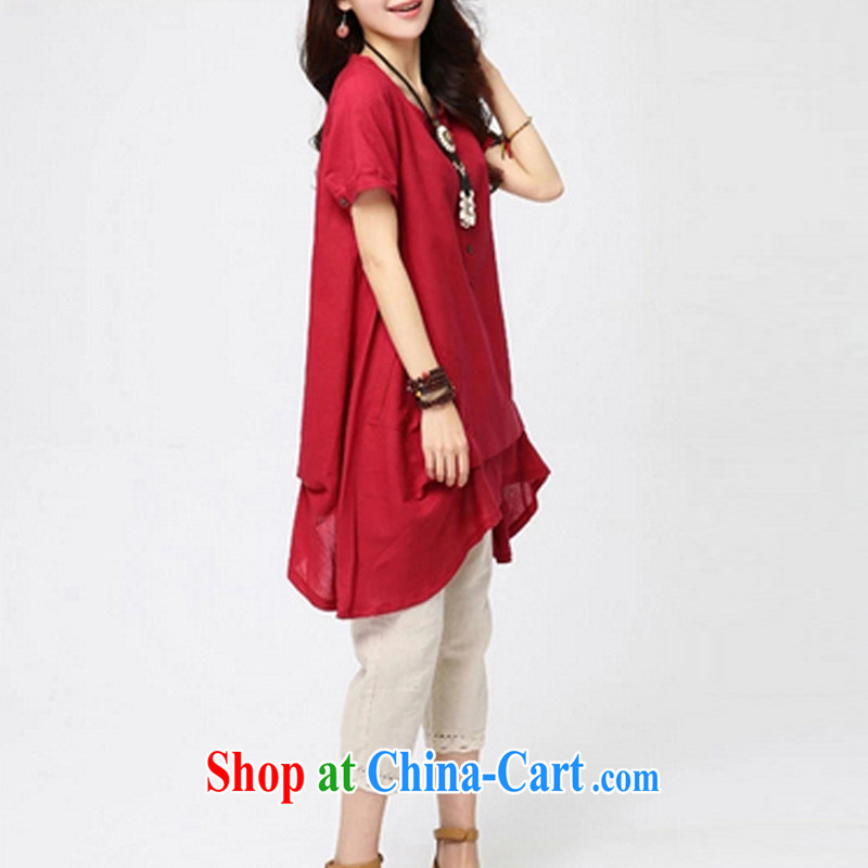 The US Ju-Core spring 2015 new, larger female Solid Color round-collar short-sleeve button stitching art van 3018 large red XXL, US-ju, and shopping on the Internet