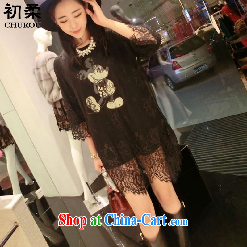 Flexible early 2015 spring and summer, female loose the code thick MM graphics thin sexy lace stitching cute, dresses 200 jack can be seen wearing black are code