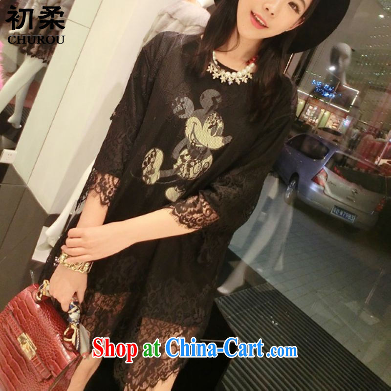 Flexible early 2015 spring and summer, female loose the code thick MM graphics thin sexy lace stitching cute, dresses 200 jack can be seen wearing black, code and the first Sophie (CHUROU), online shopping