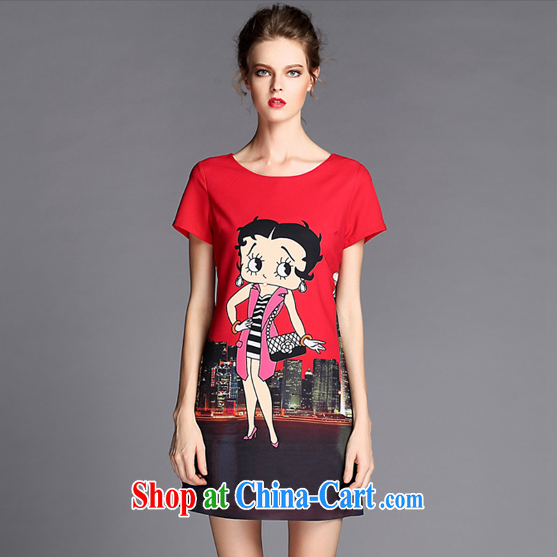 Connie's dream European and American high-end snow-woven dresses 2015 new summer is indeed the XL female 200 Jack stylish stamp on MM short-sleeved skirt G 068 red XXXL, Connie dreams, shopping on the Internet