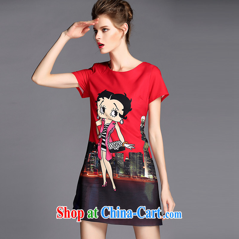 Connie's dream European and American high-end snow-woven dresses 2015 new summer is indeed the XL female 200 Jack stylish stamp on MM short-sleeved skirt G 068 red XXXL, Connie dreams, shopping on the Internet