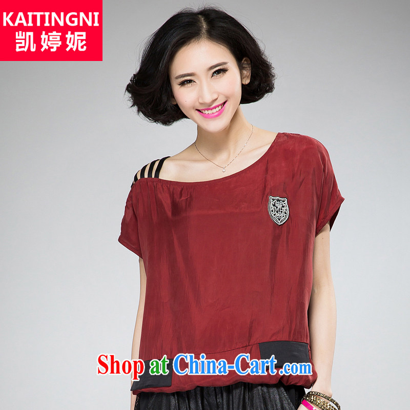 Kai Ting Connie 2015 spring and summer new thick mm video thin Korean version simple round-neck collar your shoulders aura T-shirt large, female maroon XXXL recommended weight 170 about Jack wear