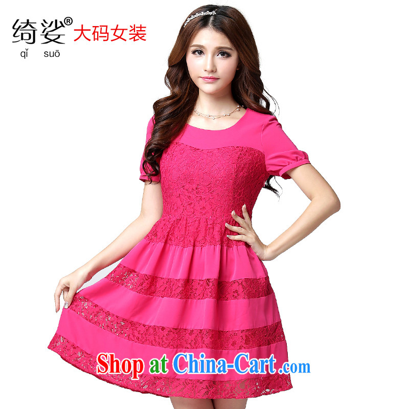 Cross-sectoral provision XL girls thick MM summer lace snow woven stitching skirts thick girls with graphics thin, round-neck collar solid color the code dress of 2656 red 3XL