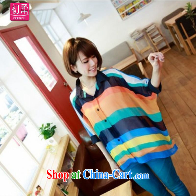 Flexible early summer 2015, female loose version 100 hem 7 color bat T-shirt collar Rainbow horizontal streaks snow woven shirts 200 jack can be seen wearing a light blue are code, the first Sophie (CHUROU), online shopping