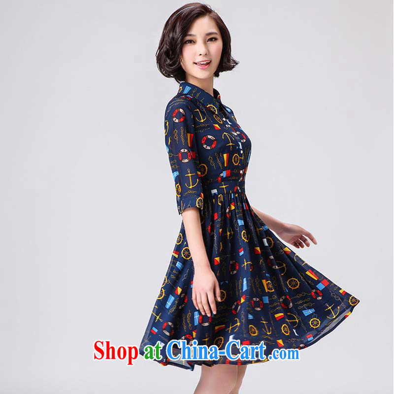 M poetry from summer 2015 new larger female thick MM stamp duty cultivating short-sleeved snow-woven dresses women 6005 dark blue XXXL, M, Ms Elsie Leung Ying (MiShiYing), online shopping