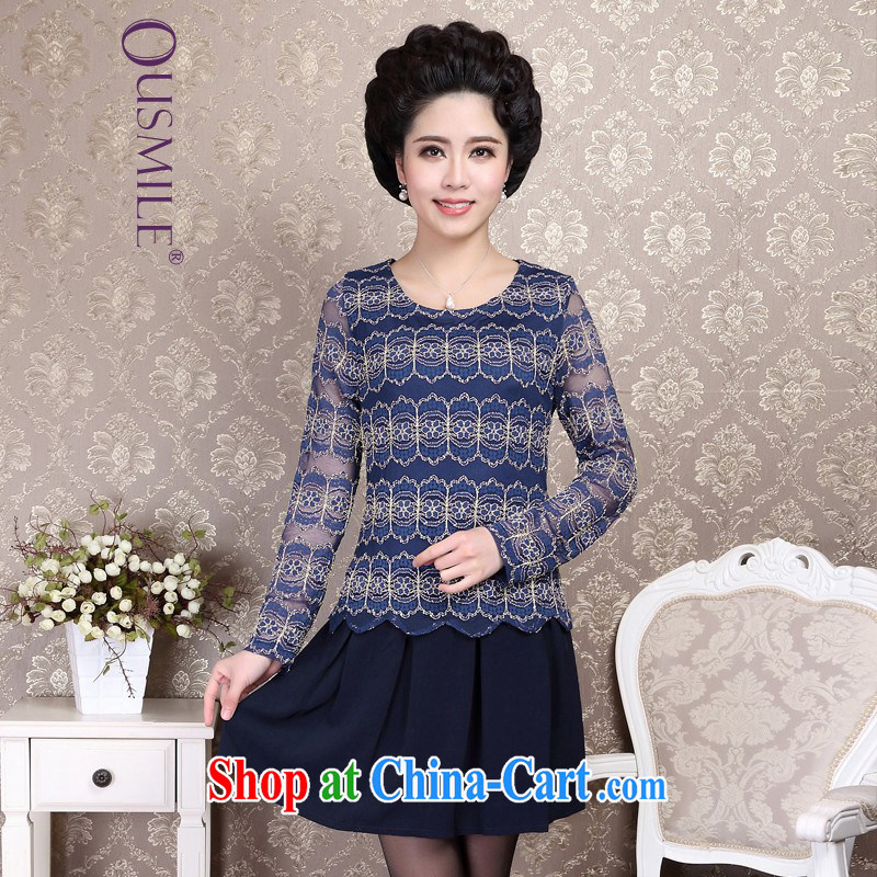Ousmile 2015 spring and summer Korean mother load temperament lace-solid shirts, older long-sleeved dresses larger female 88,335 blue 4 XL
