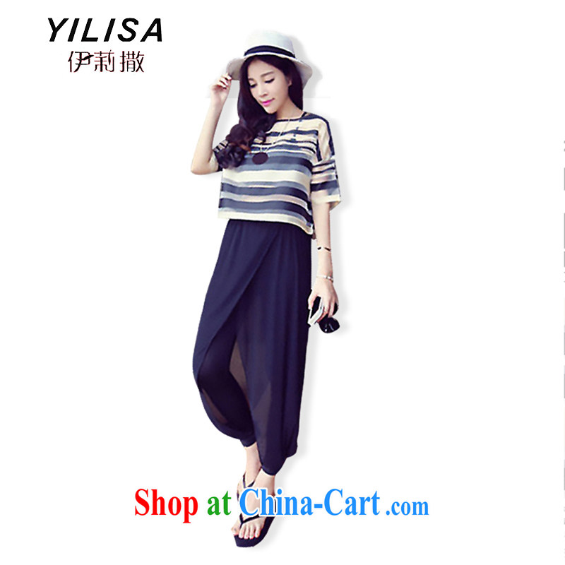 2015 YILISA in Europe and America, the female summer thick MM new streaks retro snow woven shirts T-shirts, 7 pants 3-piece set 9055 Y black streaks XXXL