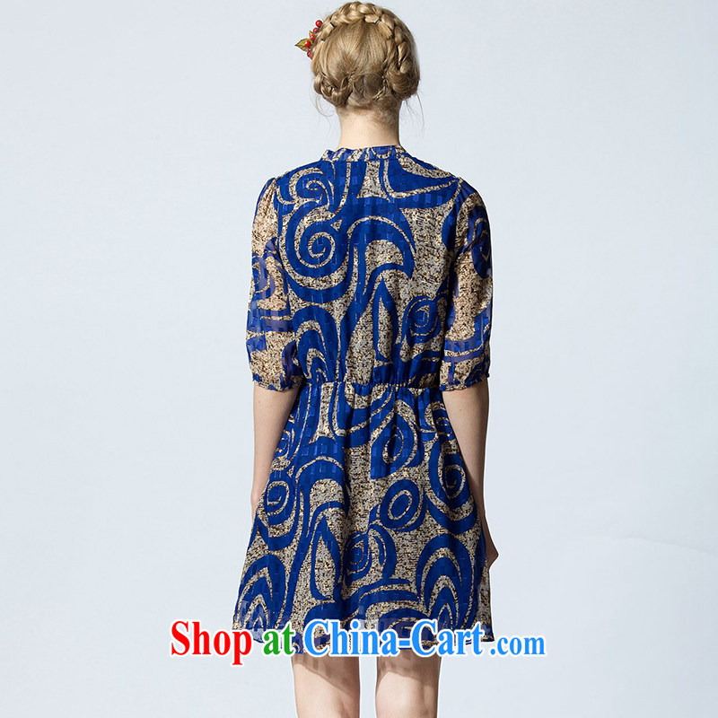 Yi express 2015 the United States and Europe, female fat MM summer gold stamp dresses large elastic-waist in cultivating long skirt B 2418 blue 2 XL clothing, express (ekdi), online shopping
