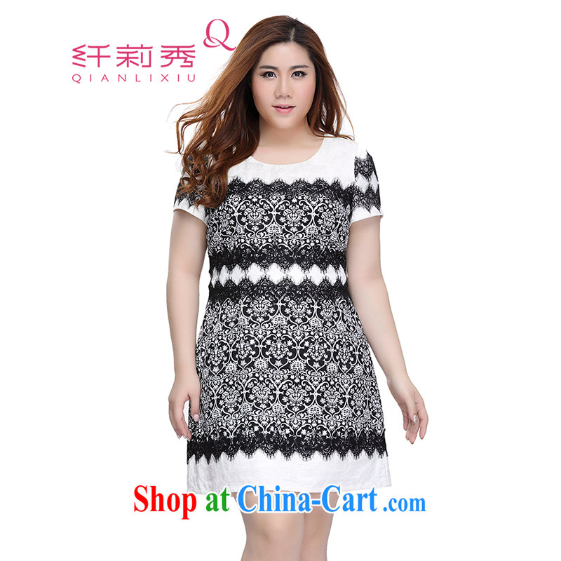 Slim LI Sau 2015 summer new, larger female stamp lace elegant short-sleeved round neck dress Q 7990 white on black flower XL