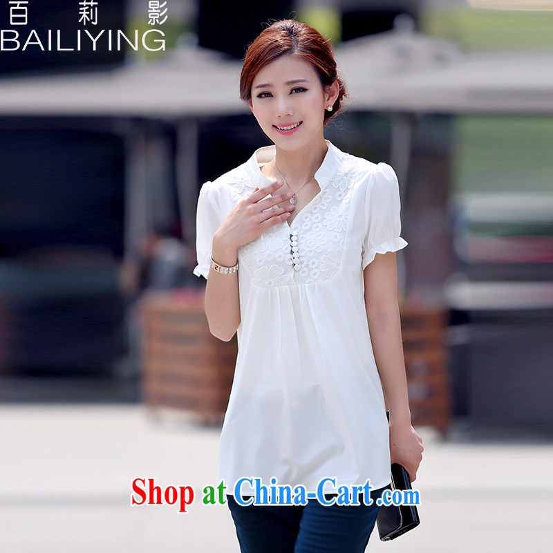 100 Li film 2015 Korean female T pension new stylish short-sleeve small V, for in her long, large, solid-colored snow woven shirts white XXXL