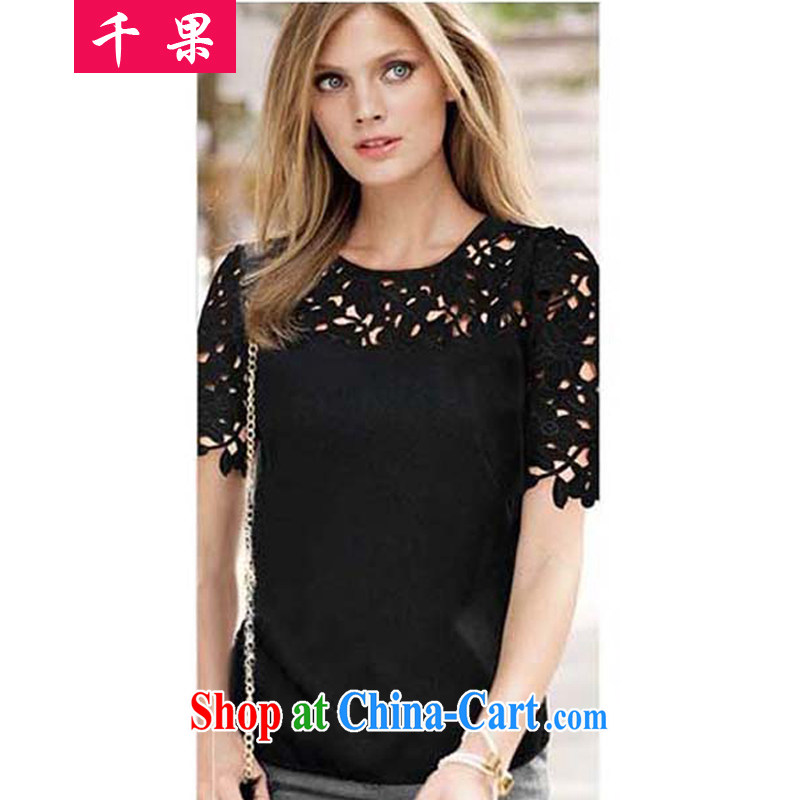 1000 fruit and fat XL girls Summer in Europe and America, New Jack 200 mm thick very casual solid shirt lace stitching graphics thin T-shirt 2038 black 5 XL, 1000 fruit (QIANGUO), online shopping