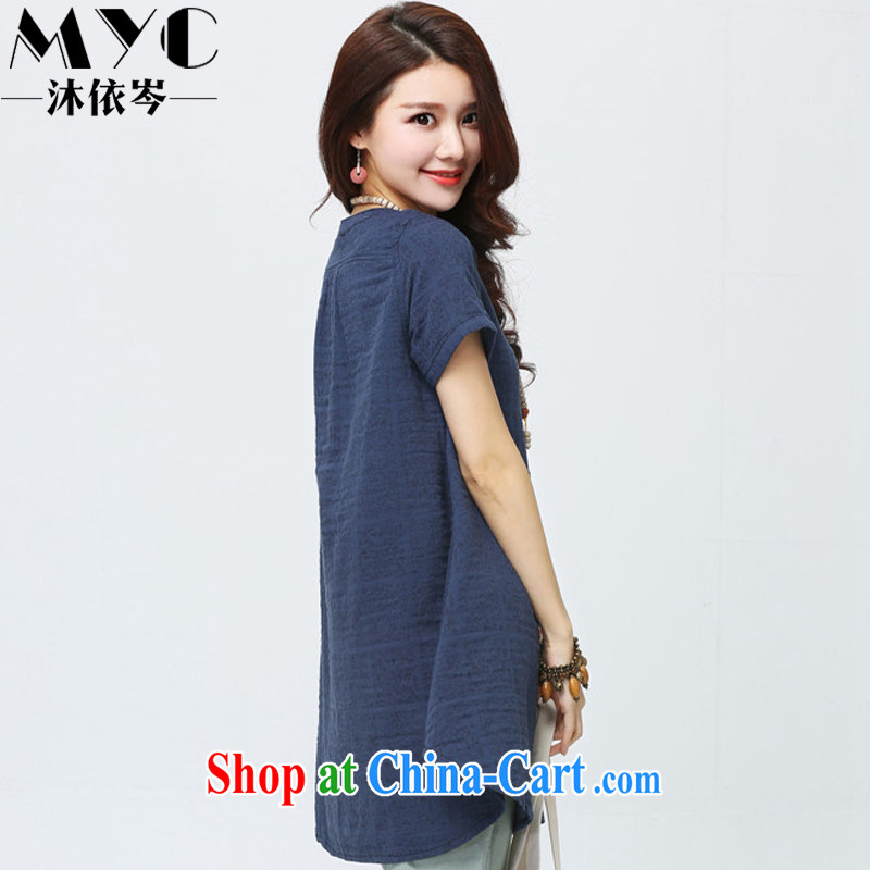 In accordance with Mu CEN 2015 summer new Korean cotton the retro ethnic wind loose video thin large, thick American American short-sleeved round-collar solid dress 2015 #Tibetan cyan take XL, Mu in accordance with CEN (MYC), and, on-line shopping