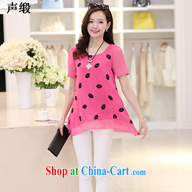 Sound the 2015 summer new Korean version of the greater code female short-sleeved 100 cultivating ground graphics thin red lips snow-woven shirts girls of red XXXL, satin, shopping on the Internet