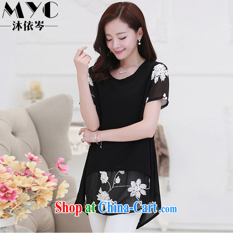 In accordance with Mu CEN 2015 summer new Korean short-sleeved clothes snow woven shirts thick MM and indeed increase, female stitching embroidery fashion dresses 6609 black XXXL, Mu according to CEN (MYC), online shopping