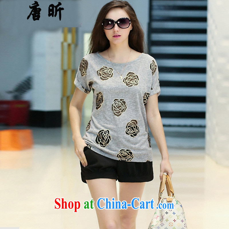 Tang year larger female summer new leisure two-piece short-sleeved cotton shirt T thick woman Kit + shorts gray + black shorts_1515 XL 5 185 - 195 Jack left and right