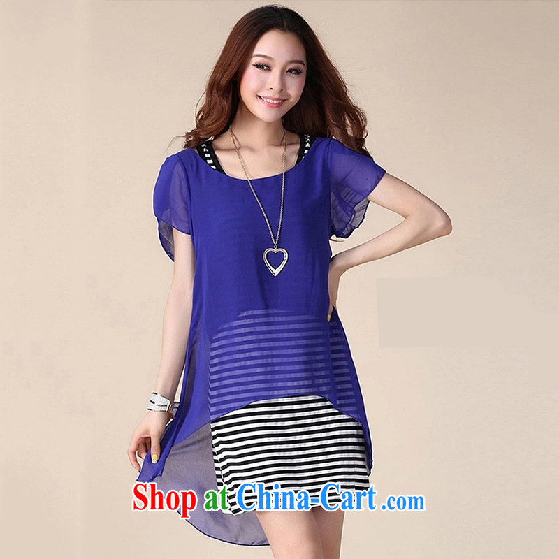 Micro-terrace spring and summer new 2015 Korean version thick MM female striped short-sleeved snow spinning two-piece the code dress 029 blue XXXL, micro-terrace, shopping on the Internet