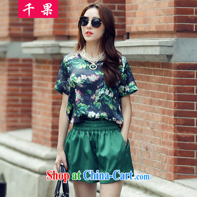 1000 fruit 2015 summer new, indeed the XL female Korean thick MM loose stamp graphics thin T-shirt + shorts Leisure package Women 8955 green 5 XL 175 - 200 Jack left and right