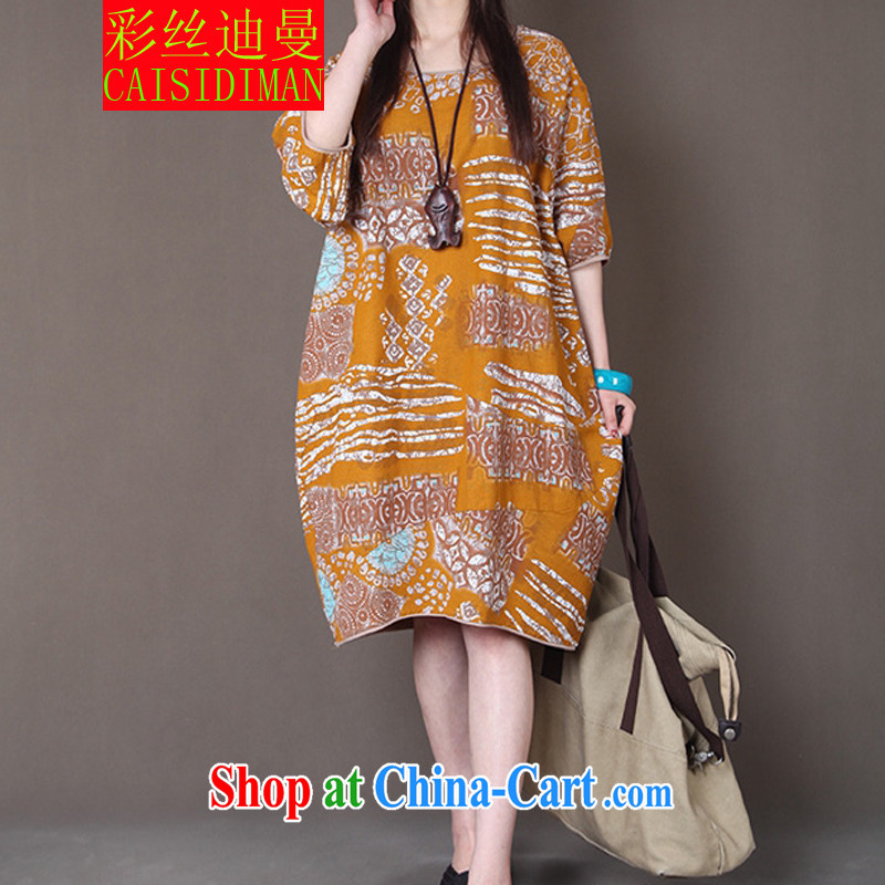 colored silk's 2015 spring and summer, the women's clothing retro stamp loose cotton Ma 5 cuff dress female yellow XL