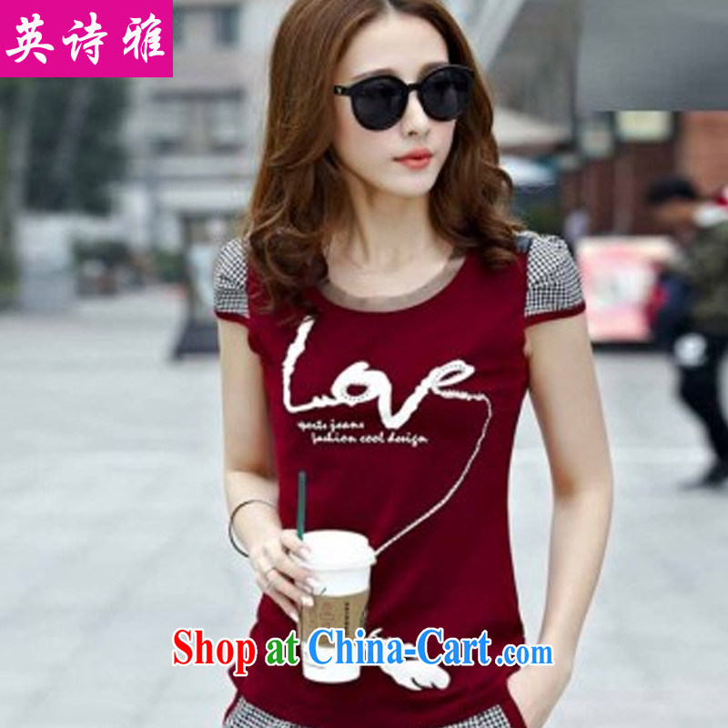 Poetry, Jacob 2015 summer new Korean grid the code female short-sleeve shirt T stylish beauty lounge two-piece 7 pants campaign kit 6612 wine red XXXL