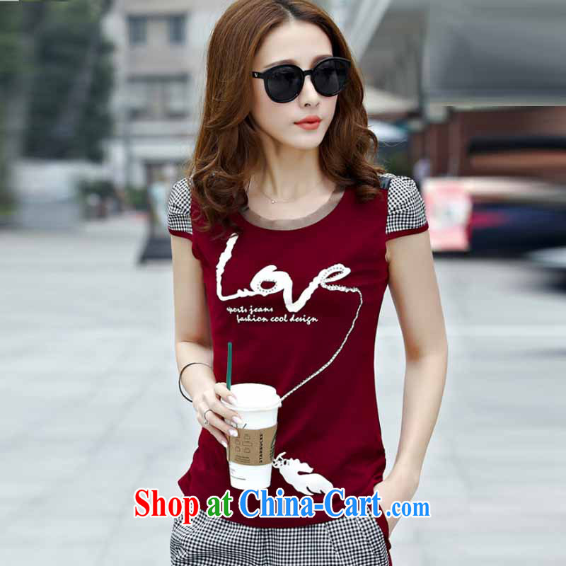 Poetry, Jacob 2015 summer new Korean grid the Code women short-sleeved T shirts and stylish beauty lounge two-piece 7 pants campaign kit 6612 wine red XXXL, poetry, and, shopping on the Internet