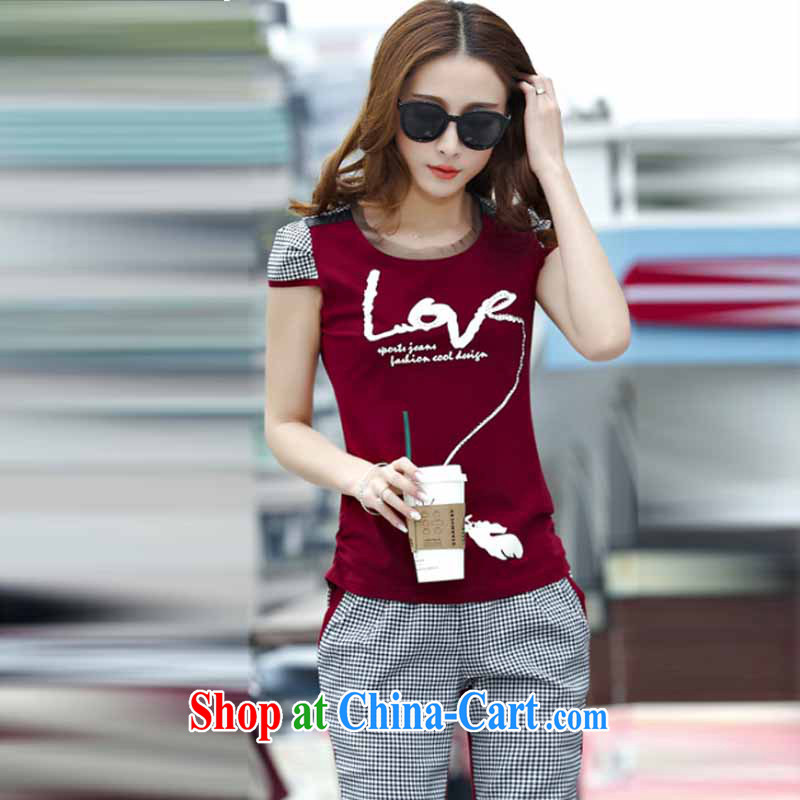 Poetry, Jacob 2015 summer new Korean grid the Code women short-sleeved T shirts and stylish beauty lounge two-piece 7 pants campaign kit 6612 wine red XXXL, poetry, and, shopping on the Internet