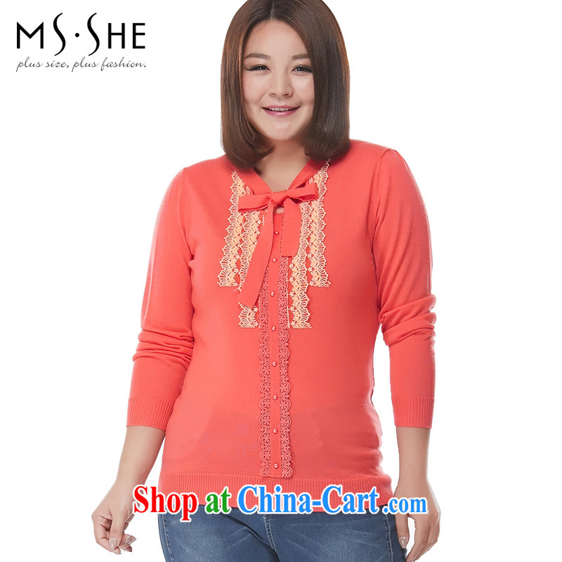 MSSHE XL women 2015 spring lace lace long-sleeved sweater sweater clearance 2297 red-orange 5 XL