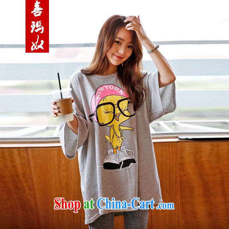 Hi Margaret slavery summer King King, female T shirt relaxed and stylish dyeing card pattern cotton shirt A 7989 the large gray code 3XL