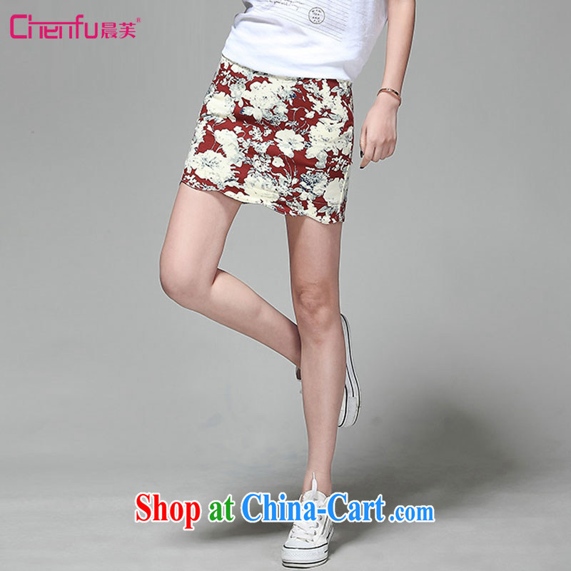 Morning would be 2015 summer new Korea and indeed intensify, comfortable cotton skirt body fat 100 mm ground leisure knocked color flowers stamp body short skirt maroon 3XL