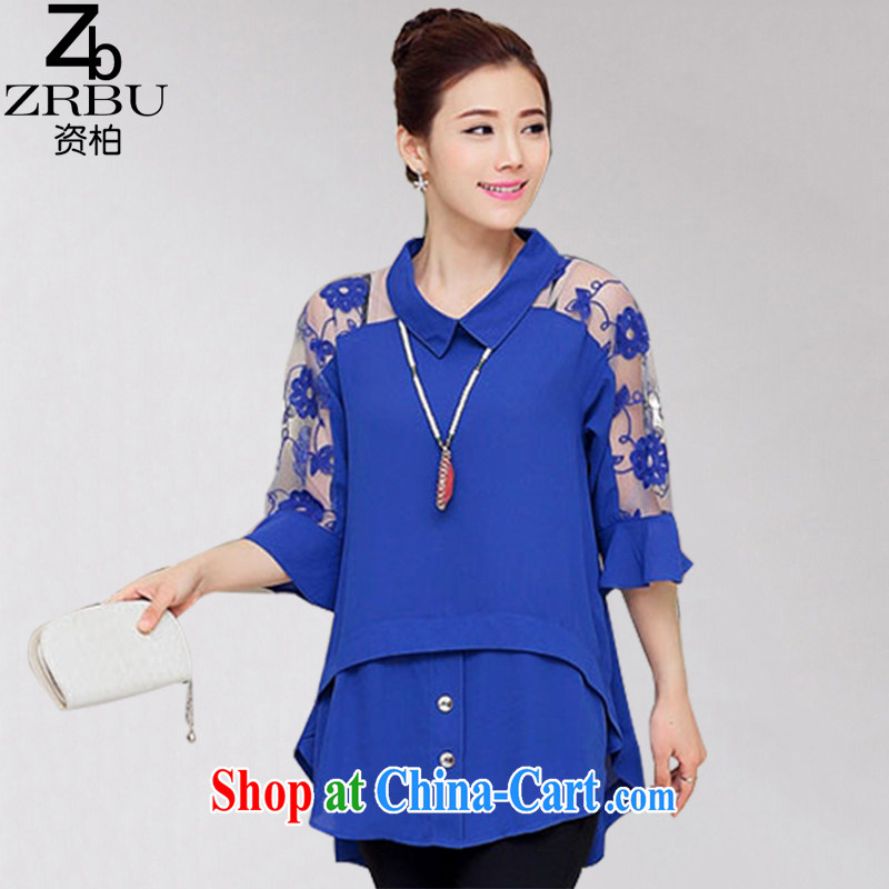Funding Pak 2015 summer new thick mm larger female child for stitching lace cuff snow woven shirts shirt female Z 819 blue 4 XL