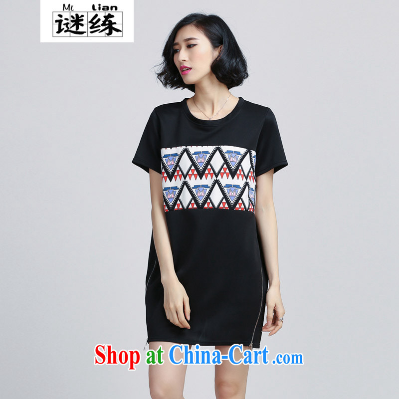 Mystery train summer 2015 new thick mm package and stamp duty round-collar long, short-sleeved larger women dress 6069 black XXXL