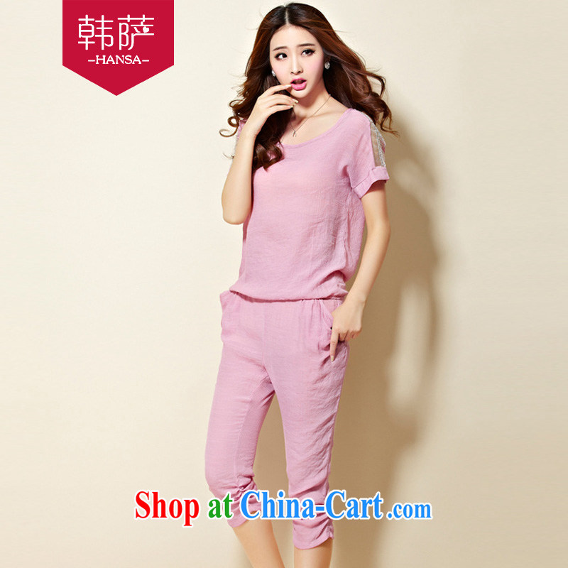 Won the 2015 new Korean version Stylish large code female cotton the snow woven shirts, T-shirts, trousers two piece set with C 328 pink XXXXL, Korea (Han Sa), online shopping
