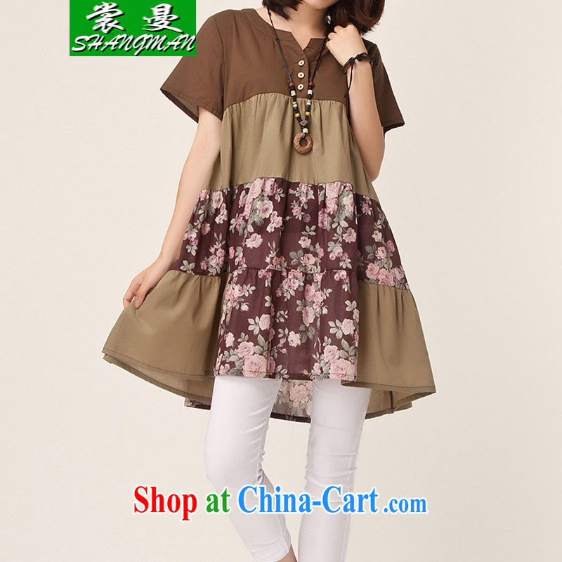 Advisory Committee Cayman 2015 summer, the Korean version of the greater code dress floral thick mm loose stitching short-sleeved dresses brown XXL