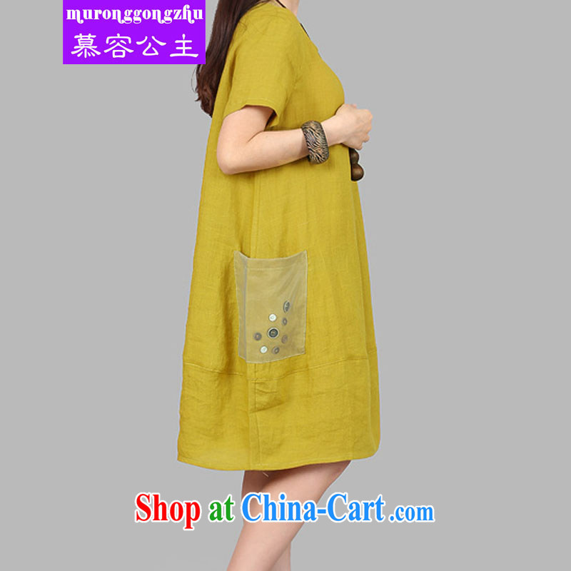 Princess 慕容 thick MM female 2015 Korean lax XL nets coin decorated with large pocket short-sleeve linen cotton dress Kang yellow XL, 慕容 Princess (muronggongzhu), online shopping