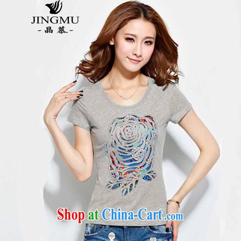 Crystal clear the Bermuda, female Ethnic Wind T pension 2015 summer new Korean girls embroidered flowers pure cotton short-sleeved T-shirt light gray 3 XL, Wafer (JINGMU), online shopping