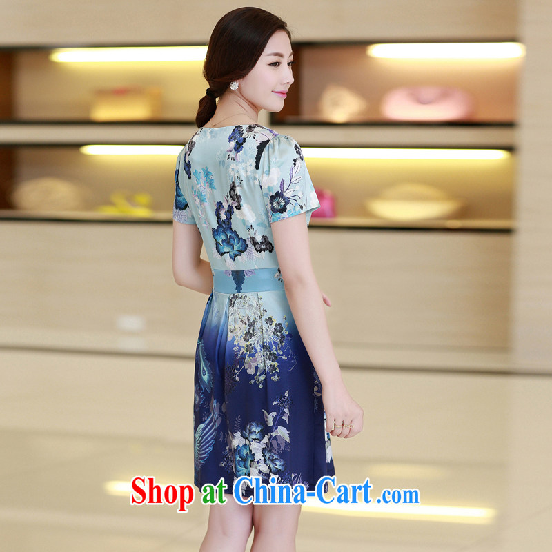 Princess Royal Seal 2015 national style in a new, high-end big lady the code short-sleeved package and blue and white porcelain female mulberry silk silk-skirt 9915 Phoenix blue XXXXL, Princess Royal Seal (AUXOGAEA), shopping on the Internet