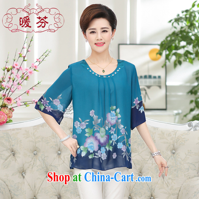 Warm, Mom loaded summer new, round-neck collar silk girls T-shirt short-sleeved, older women with large, solid shirts snow woven shirts blue XXXL, warm, and shopping on the Internet