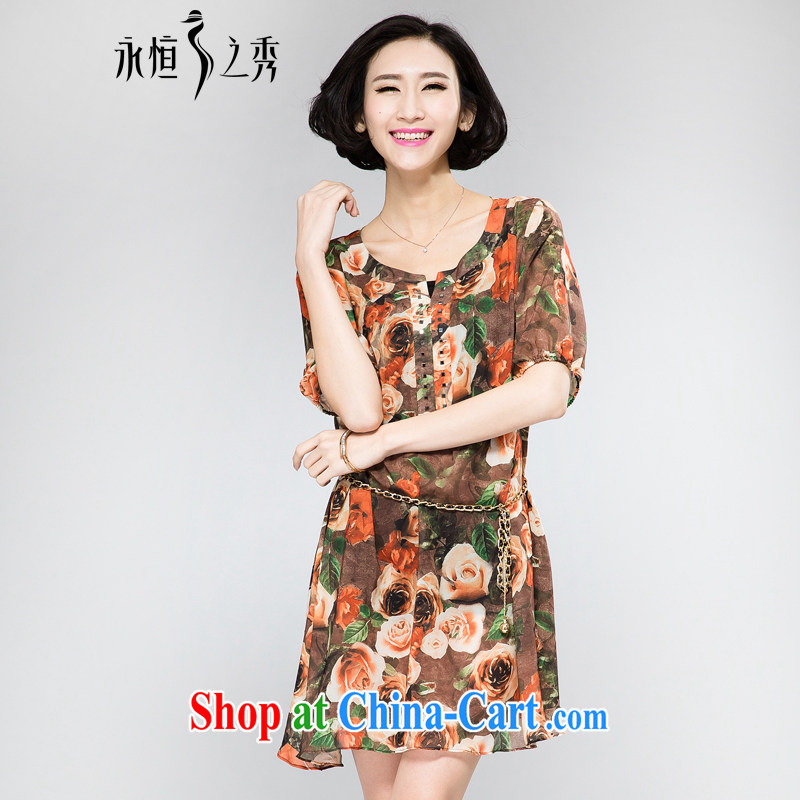 Eternal show the code women summer dresses thick sister fat, video thin 2015 summer new thick mm stylish hot drilling small V collar rose stamp skirt orange XL, eternal, and the show, and shopping on the Internet