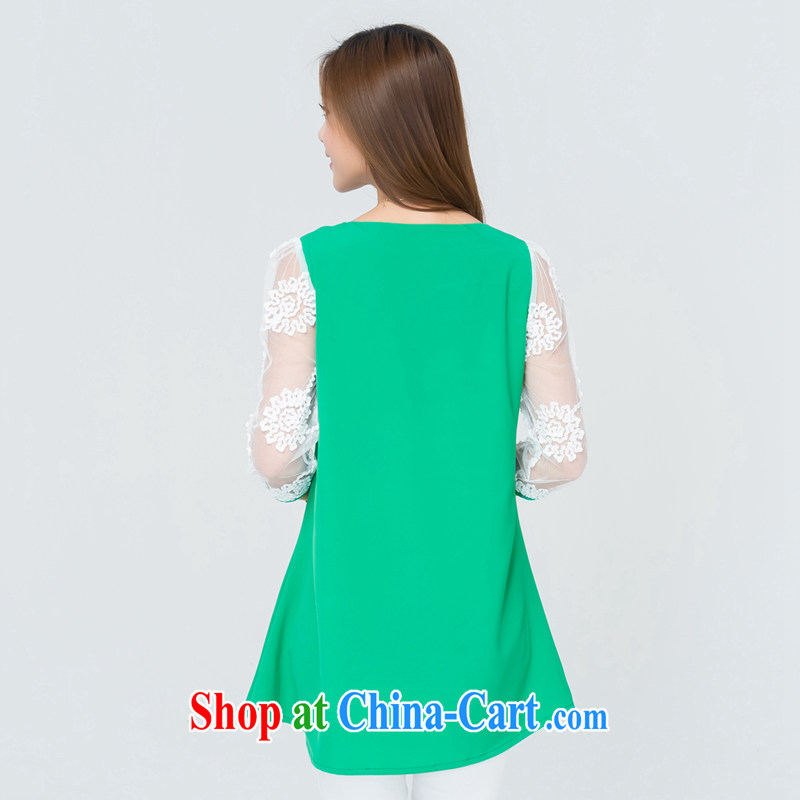 Blue Water larger female 2015 summer new thick MM stylish sweet lace cuff loose dress 63,055 green code XL, blue water (lrosey), online shopping