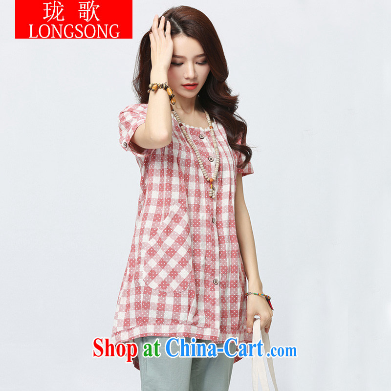 Vicky Ling Song 2015 spring and summer new cotton mA short-sleeve shirt Korean Liberal National wind shirt girls in long L 2242 red grid XL, long song (LONGSONG), online shopping