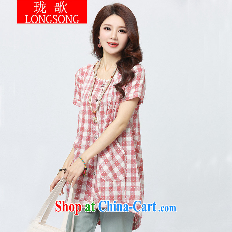 Vicky Ling Song 2015 spring and summer new cotton mA short-sleeve shirt Korean Liberal National wind shirt girls in long L 2242 red grid XL, long song (LONGSONG), online shopping
