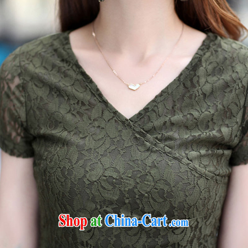 Morning would be 2015 summer New, and indeed increase, female T-shirt shirt on 100 mm ground cultivating graphics thin short-sleeve V collar wrinkled lace T pension army green 3XL, morning, and shopping on the Internet