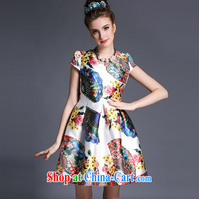 The Connie was a high-end European and American fare is indeed increasing, female 200 Jack 2015 summer new elegant fans stamp collection waist graphics thin short-sleeved dresses G 639 white XXXXL, Connie dreams, shopping on the Internet