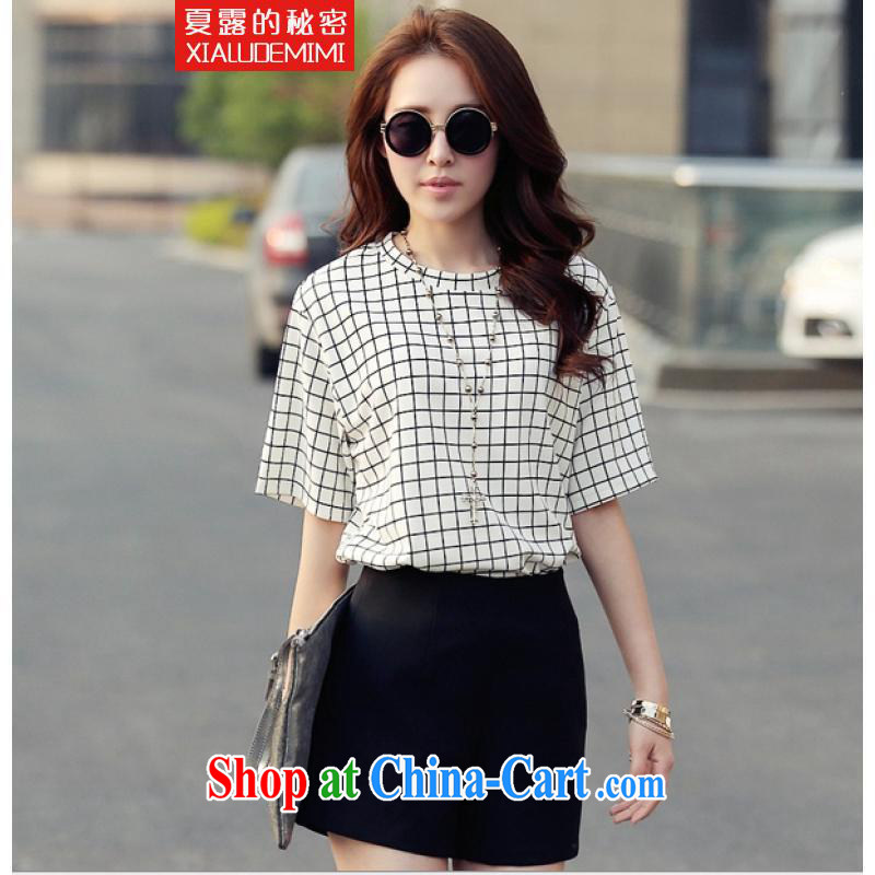 Summer terrace of the secret 2015 Korean checkered two-piece short-sleeved T-shirt shorts video thin casual stylish package white checkered XXL