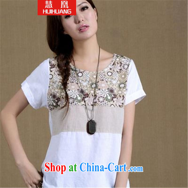Emily for 2015 cotton mA short-sleeve girls T-shirt T-shirt Ethnic Wind stamp Stitching with T-shirts white XXXL