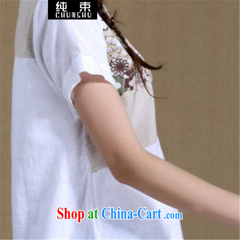 Pure beam 2015 cotton mA short-sleeve girls T-shirt T-shirt Ethnic Wind stamp Stitching with T-shirts white XXXL, pure beam (CHUNSHU), shopping on the Internet