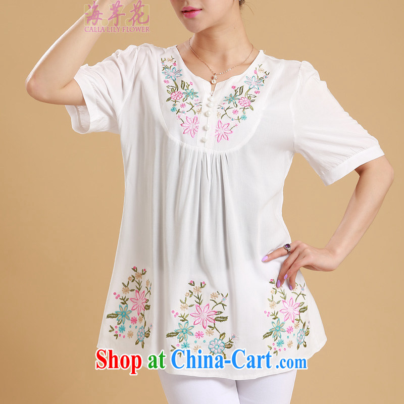 The line spend a lot, women Korean video skinny fresh embroidered short sleeve pure cotton loose shirt 2015 summer new girls T-shirt 5 G 1073 white 2XL