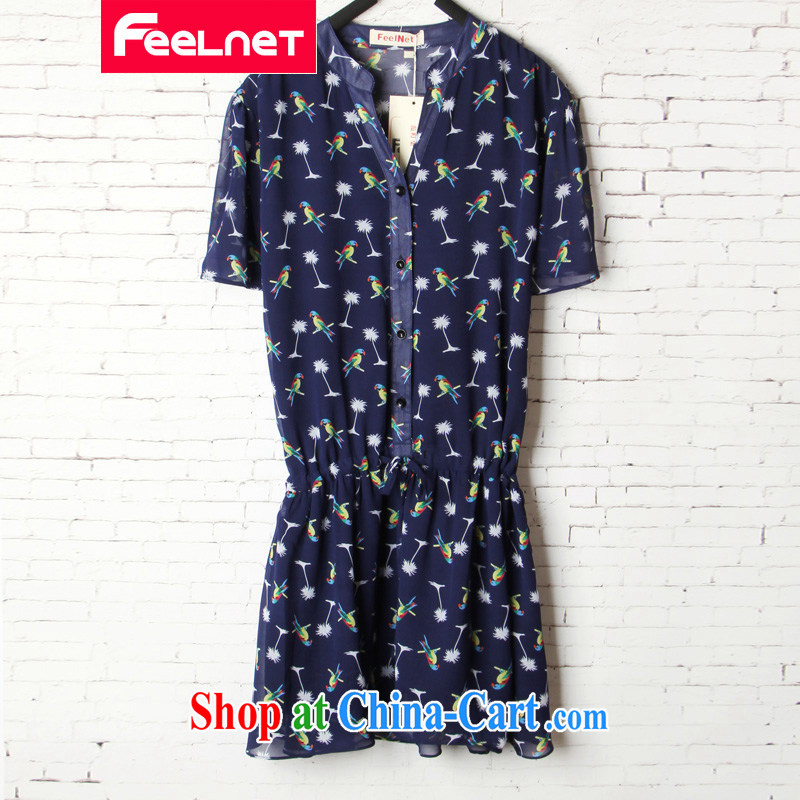 feelnet 2015 summer new, larger female summer mm thick loose stamp short-sleeved snow woven large code beauty dress 1525 blue XL code_recommendations 45 - 70 kg